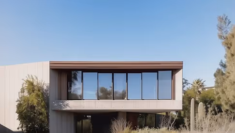 Modern two-story house facade with large glass windows and surrounding desert plants under a clear blue sky.