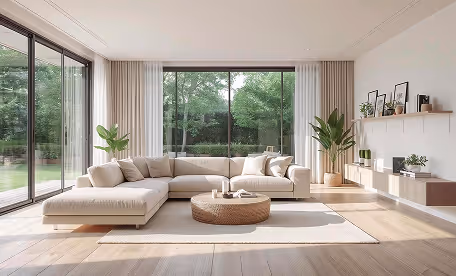 Spacious modern living room with large windows, beige L-shaped sofa, round wicker coffee table, white rug, and indoor plants.