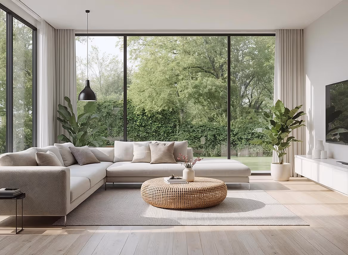 Modern living room with large floor-to-ceiling windows overlooking a green garden, a beige sectional sofa, round wicker coffee table, and two large potted plants.