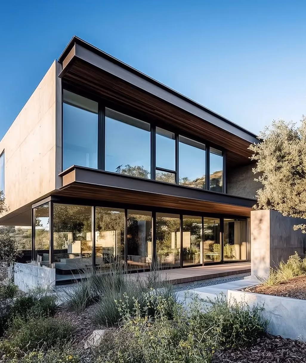 Modern two-story house with large glass windows, wood accents, and surrounding greenery.