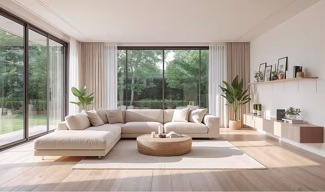 Modern living room with large beige sectional sofa, round wicker coffee table, large windows with views of green trees, light wood flooring, and decorative plants.