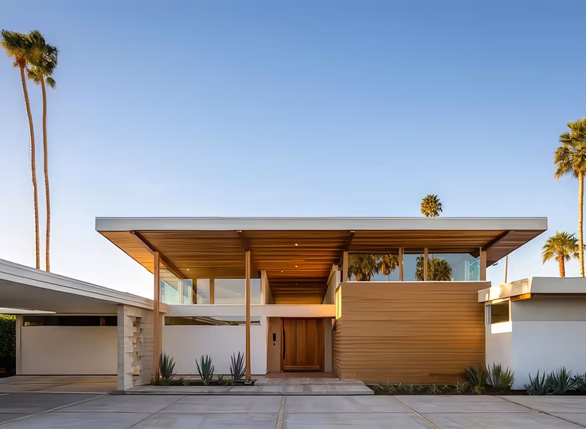 Modern mid-century house with flat roof, wooden paneling, large glass windows, and tall palm trees in the background.
