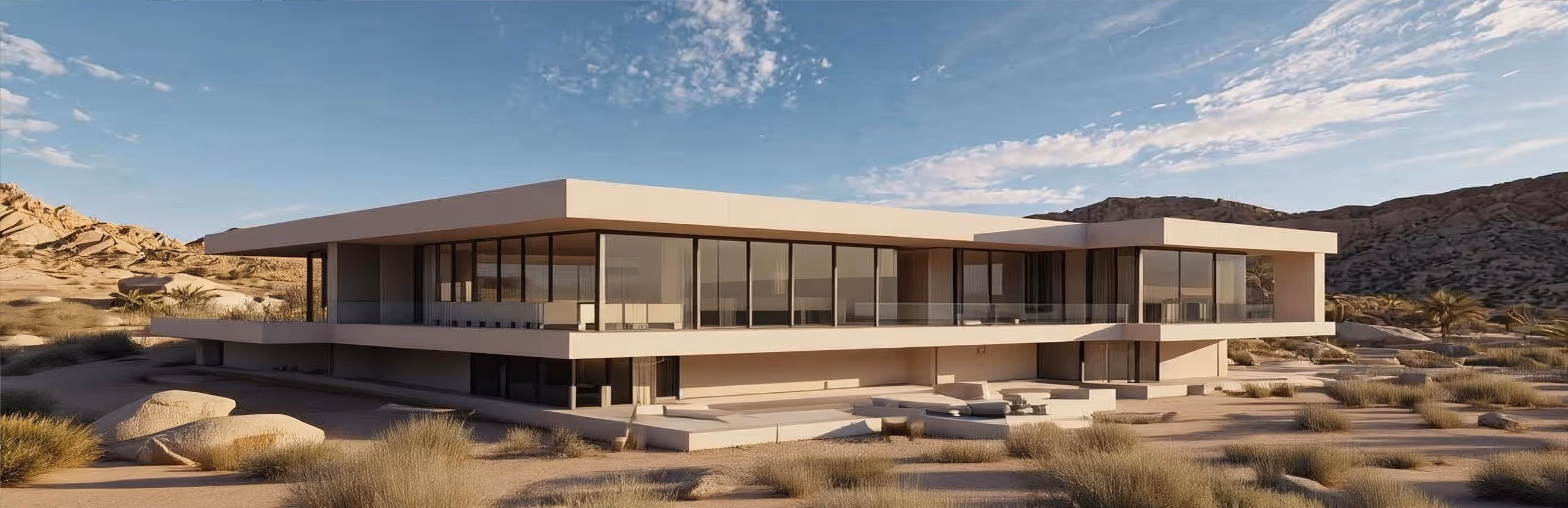 Modern flat-roofed house with large glass windows in a desert landscape with rocks and dry grass.