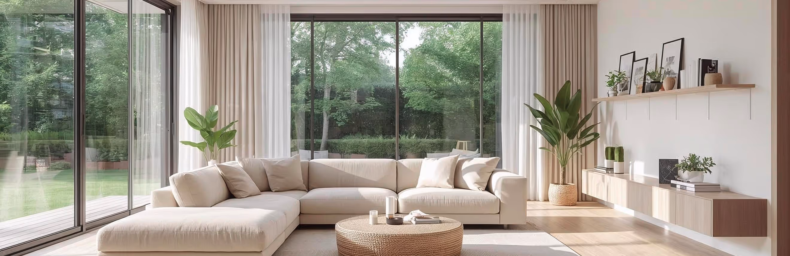 Bright modern living room with a beige sectional sofa, round woven coffee table, large glass windows showing lush green garden, and plants with floating wooden shelves on wall.