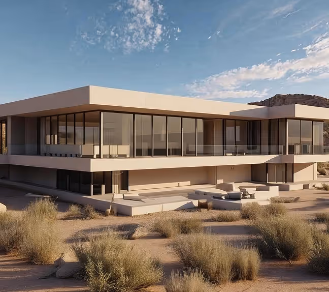 Modern two-story house with large glass windows and flat roof, surrounded by desert landscape with scattered bushes.