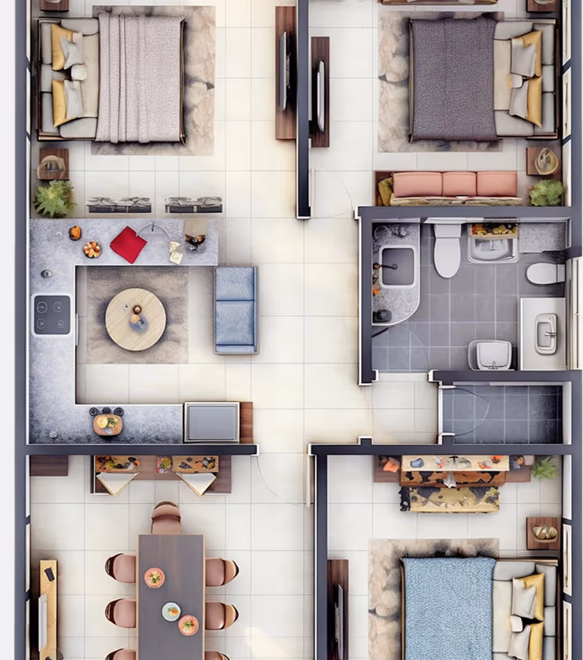 Top-down view of a three-bedroom apartment floor plan with a kitchen, dining area, living room, and bathroom.