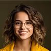 Smiling woman with curly hair wearing glasses and a yellow top against a dark background.