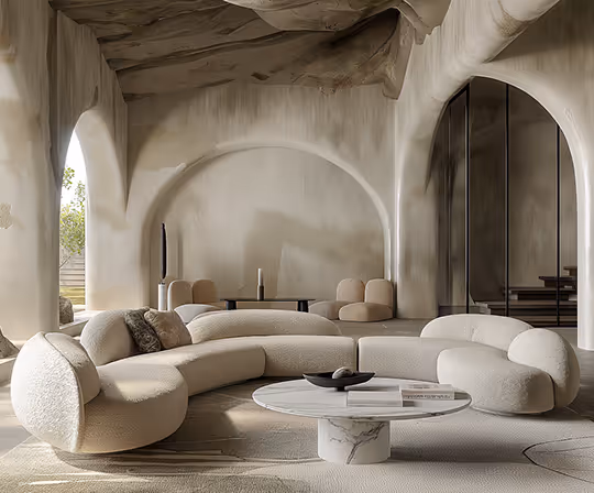 Modern living room with curved beige sectional sofa, round marble coffee table, and textured walls and ceiling.