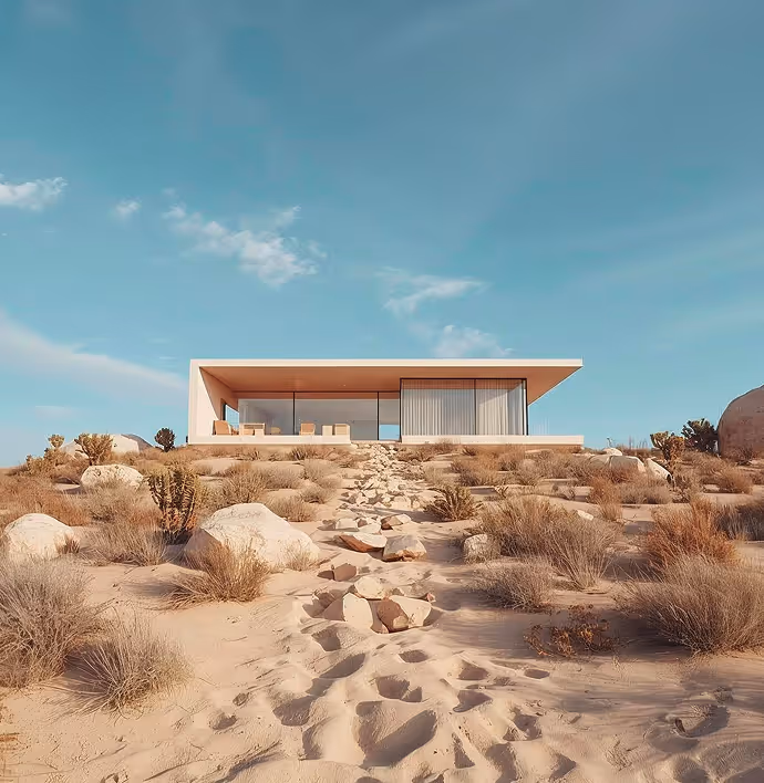 Modern minimalist house with large glass windows on a sandy hill surrounded by desert vegetation under a blue sky.
