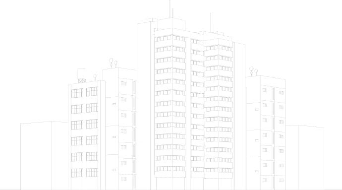 Simplified gray-scale line drawing of a cluster of tall modern buildings with various window patterns.