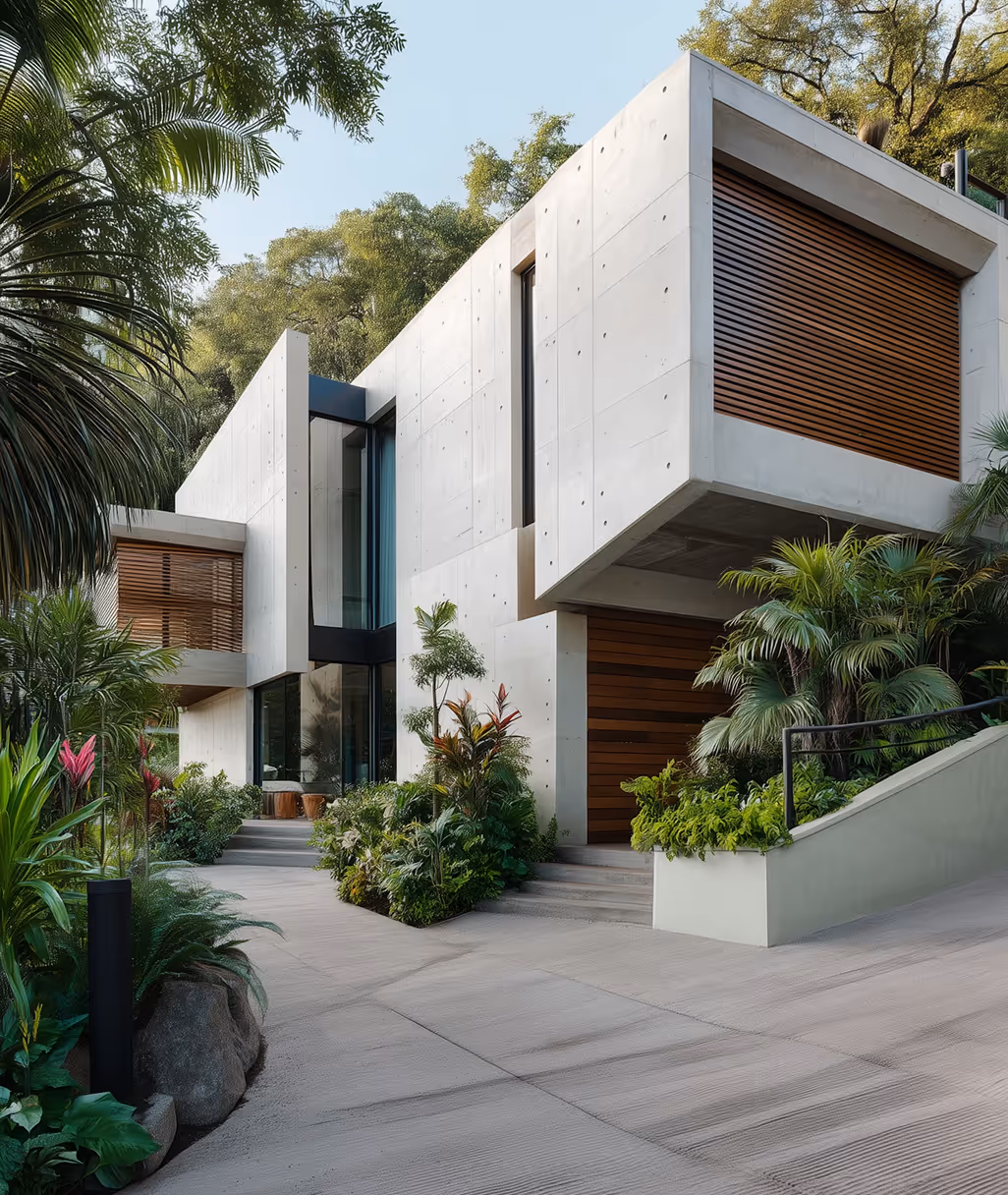 Modern two-story concrete house with wooden accents surrounded by lush tropical plants and trees.